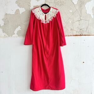 Vtg Housecoat Lace Embroidered Red Maxi Nightgown USA Women L Prairie Loungewear